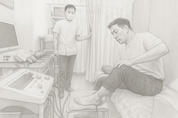 電気治療で足元の状態を確認している様子のイラスト