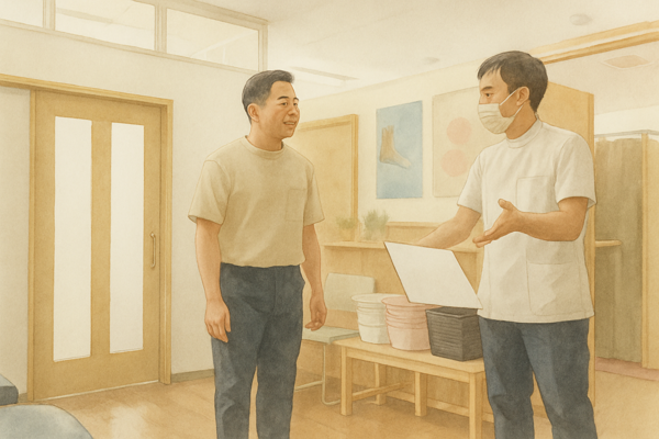 スタッフが患者に案内している様子の水彩風イラスト