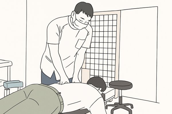 鏡越しに背中を施術している様子の線画イラスト