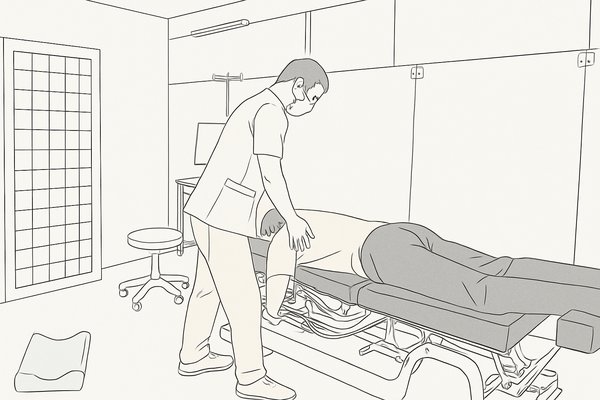 矯正ベッドで背骨・関節の状態を確認しながら施術している様子の線画イラスト