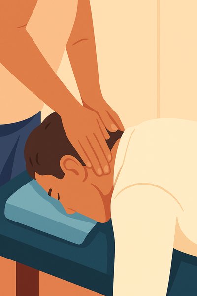 首元に手を添える施術イメージのフラットカラーイラスト