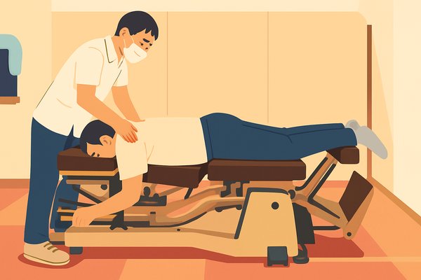 矯正ベッドで背中・肩まわりを施術している様子のフラットカラーイラスト
