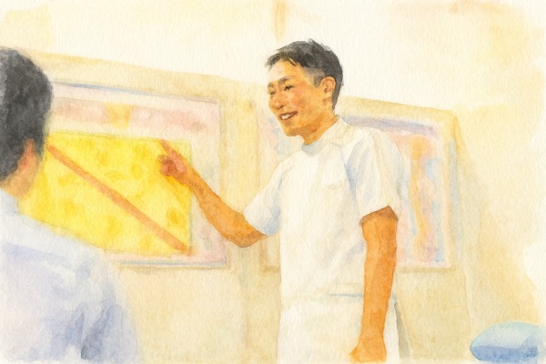 交通事故のあとの痛みについて、施術者がお客様に説明している様子のイラスト