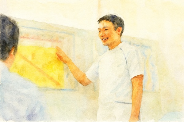 解説パネルを使って身体の状態と今後の見通しを説明する施術者のイラスト