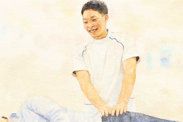 うつ伏せの方の背中に両手を添えて背骨の関節の動きを確認する施術者のイラスト