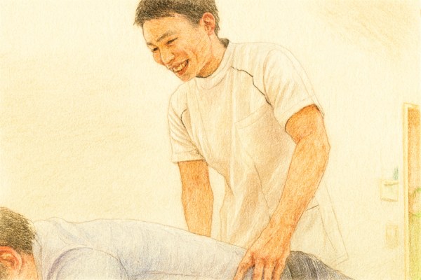 階段で膝が痛い方の身体の状態を確認する院長（色鉛筆風イラスト）