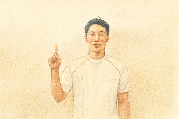 膝の痛みで見落としやすいポイントを伝える院長(色鉛筆風イラスト)