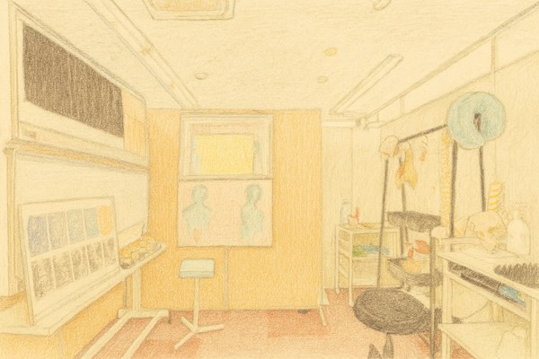 全身の関節の動きを確認する当院の施術スペース(色鉛筆風イラスト)