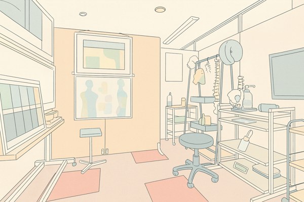 背骨の模型や骨盤模型が置かれた施術スペースのイラスト