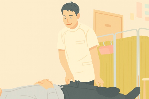 仰向けのお客様の脚の位置を確かめながら笑顔で声をかける施術者のイラスト