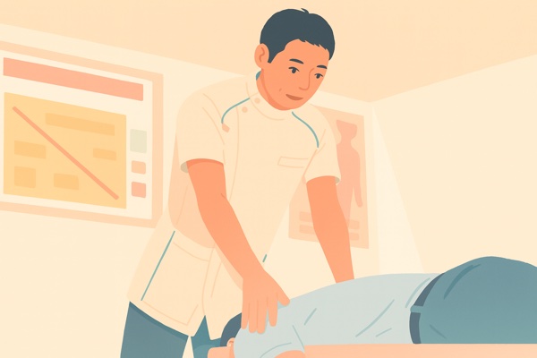 うつ伏せのお客様の背中に手を添えて背骨の関節の動きを確かめている施術者のイラスト