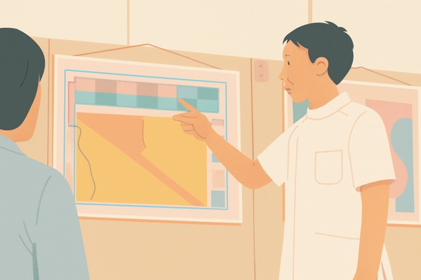 壁の解説パネルを指しながらお客様に身体の状態を説明している施術者のイラスト
